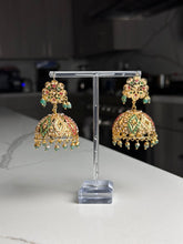 Load image into Gallery viewer, Lightweight Large Gold with Red and Green Jhumka Earrings
