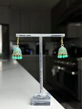 Load image into Gallery viewer, Mini Blue Green and Gold Jhumka Earrings
