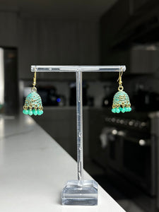 Mini Blue Green and Gold Jhumka Earrings