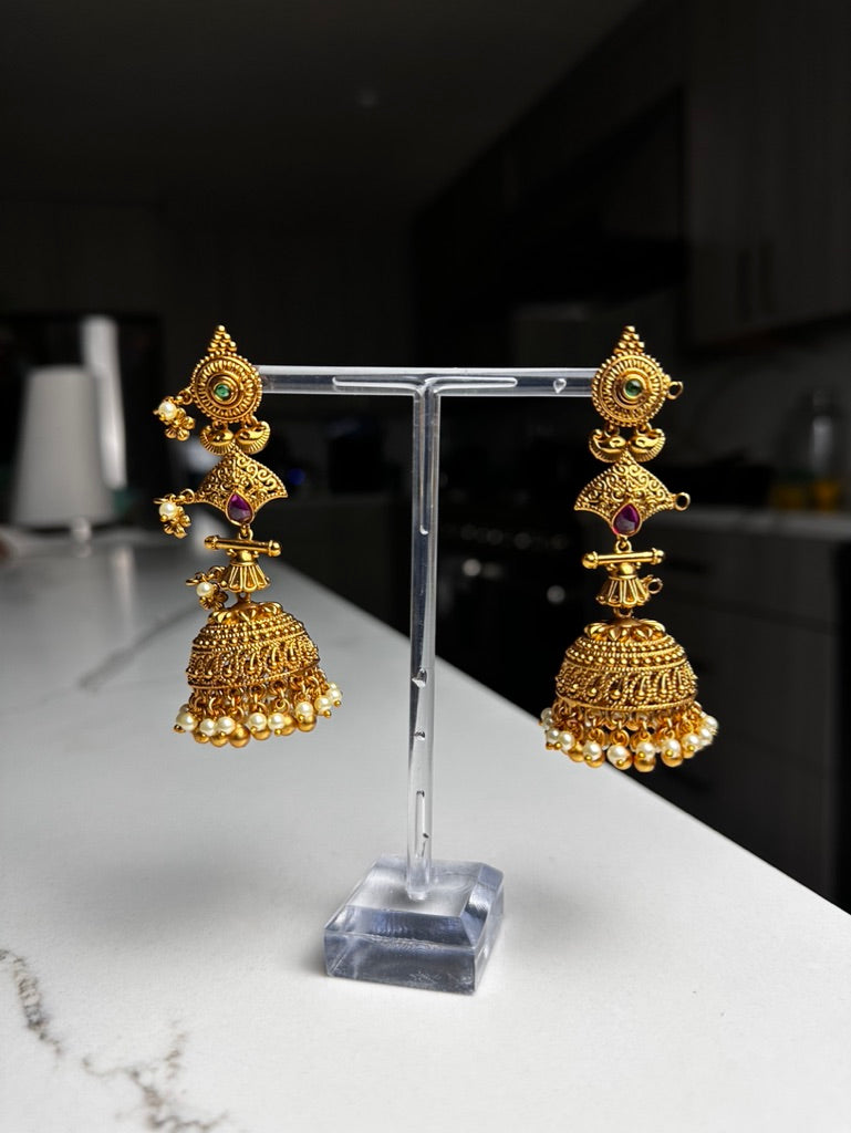 Large Gold with Intricate Design Jhumka Earrings