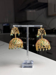 Lightweight Large Gold with Red and Green Jhumka Earrings