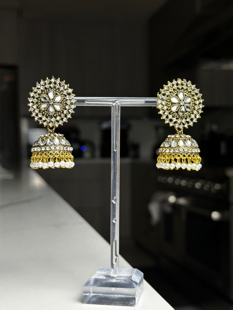 Pearl Gold Kundan Jhumka Earrings