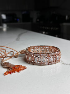 Modern Rose Gold Emerald Cut Stones Choker Necklace Set w/ Tikka and Earrings