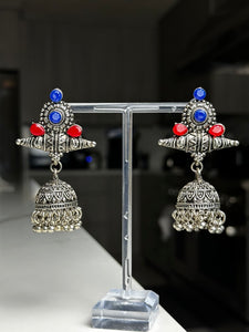 Tribal Silver with Blue and Red Stones Jhumki Earrings