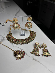 Intricate Gold with Red and Gold Necklace Set w/ Tikka and Earrings