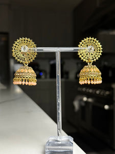 Peach Gold Kundan Jhumka Earrings