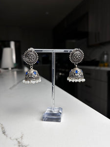 Silver with Blue Stone Jhumka Earrings