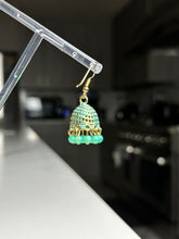 Load image into Gallery viewer, Mini Blue Green and Gold Jhumka Earrings
