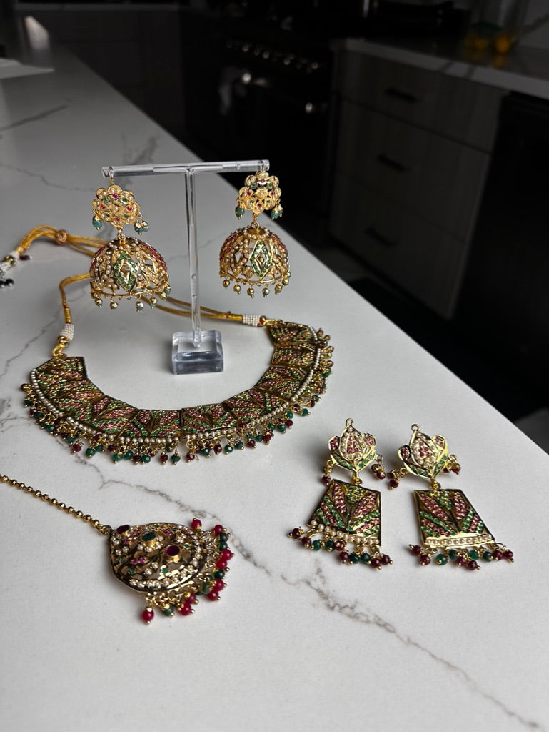 Intricate Gold with Red and Gold Necklace Set w/ Tikka and Earrings