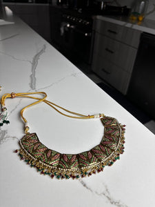 Intricate Gold with Red and Gold Necklace Set w/ Tikka and Earrings