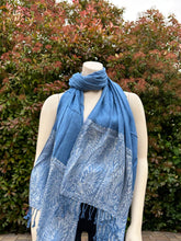 Load image into Gallery viewer, Blue w/White Border Design Pashmina Shawl
