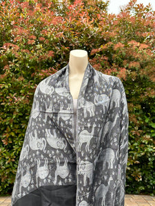 Ivory and Black Camels & Elephants Pashmina Shawl