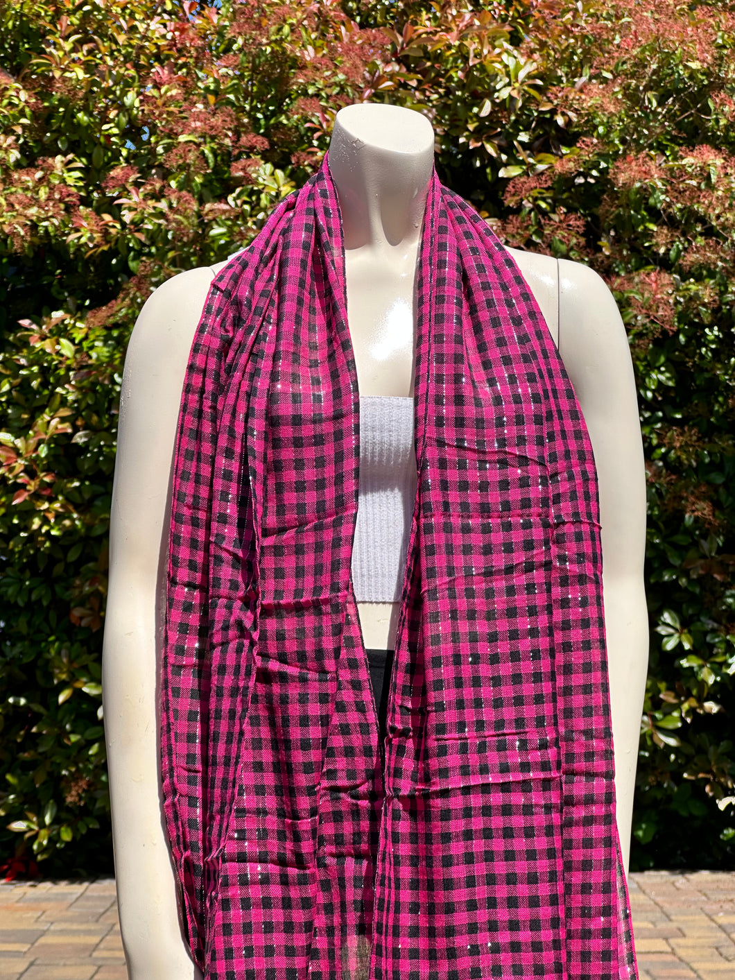 2010s Style Pink Checker Cotton Scarf