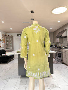 Pastel Olive Green w/White Floral Embroidery Cotton Kurta