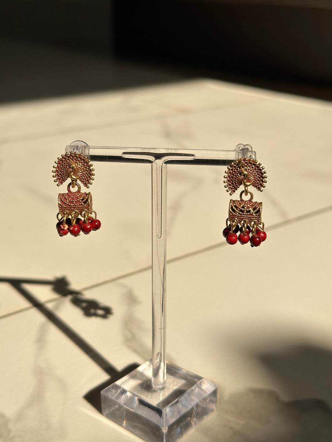 Lightweight Mini Peacock w/Red Beads Jhumki Earrings