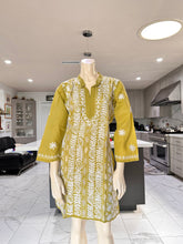 Load image into Gallery viewer, Mustard Green w/Full White Embroidery Cotton Kurta
