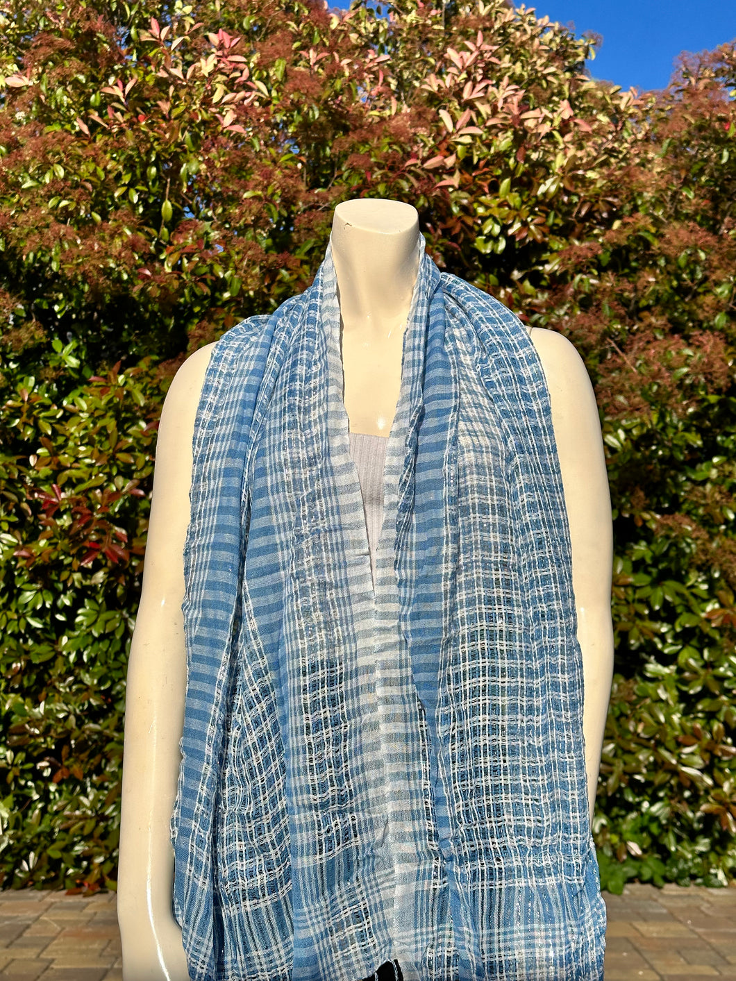 2010s Style Blue Plaid Glitter Cotton Scarf