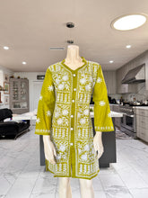 Load image into Gallery viewer, Mustard Green w/White Floral Embroidery Cotton Kurta
