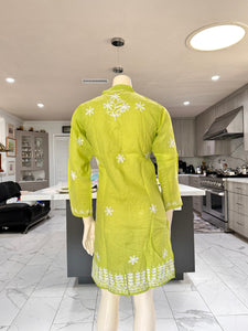 Lime Green w/White Floral Embroidery Cotton Kurta