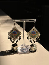 Load image into Gallery viewer, Long Silver Diamond Shaped Peacock Earrings
