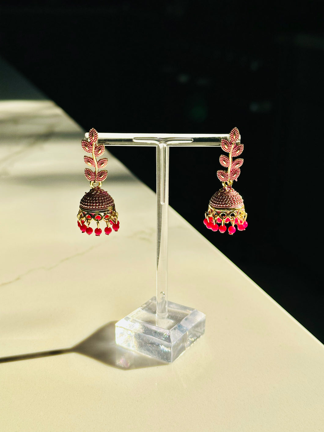 Small Gold & Pink Leaf Lightweight Jhumki Earrings