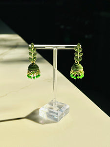 Small Gold & Green Leaf Lightweight Jhumki Earrings