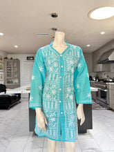 Load image into Gallery viewer, Pastel Ocean Blue w/White Floral Embroidery Cotton Kurta
