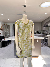 Load image into Gallery viewer, Half Sleeve Mustard Green w/Full White Embroidery Cotton Kurta
