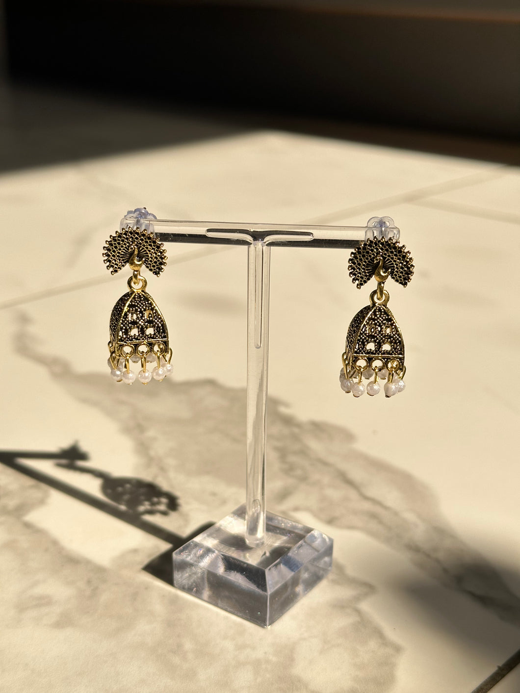 Lightweight Mini Peacock w/Faux Pearl Jhumki Earrings