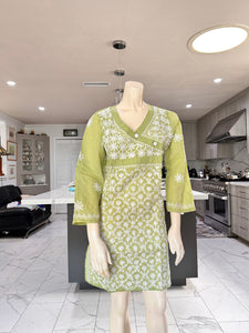 Pastel Olive Green Full White Embroidery Cotton Kurta