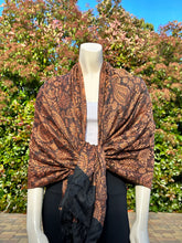 Load image into Gallery viewer, Reversible Orange and Black Floral Paisley Pashmina Shawl

