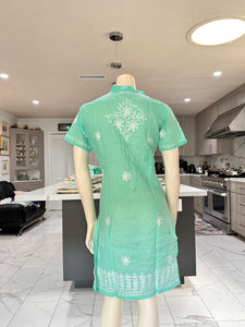 Sea Green w/White Floral Embroidery Half Sleeve Cotton Kurta