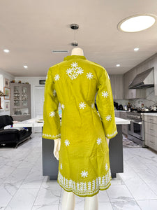 Mustard Green w/White Floral Embroidery Cotton Kurta