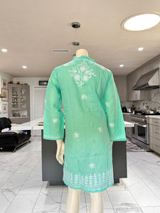 Sea Green w/White Floral Embroidery Cotton Kurta