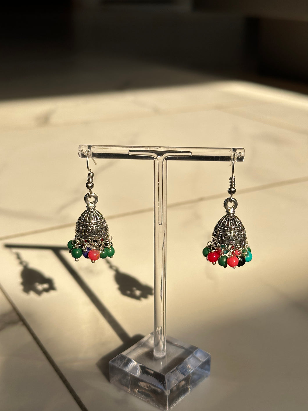 Silver w/Multicolored Beads Lightweight Small Jhumki Earrings