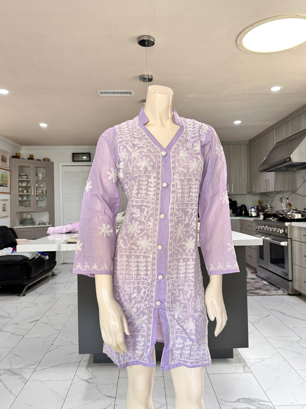 Pastel Lilac w/White Floral Embroidery Cotton Kurta