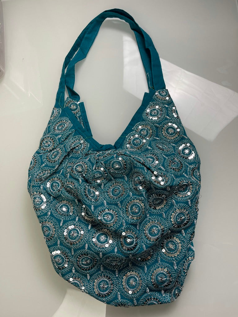Light Blue Sequin Embroidered Hobo Bag
