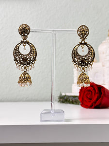 Gold and White Jhumka Earrings