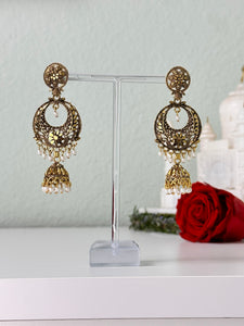 Gold and White Jhumka Earrings