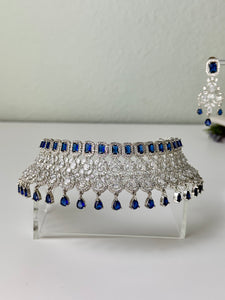 Faux Blue Sapphire & White Diamonds Choker Necklace Set