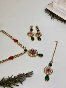 Pink and Green Flower Necklace Set w/Tika