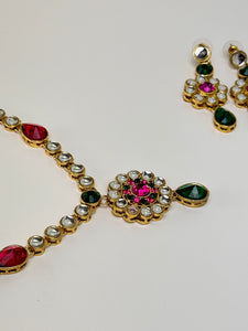 Pink and Green Flower Necklace Set w/Tika