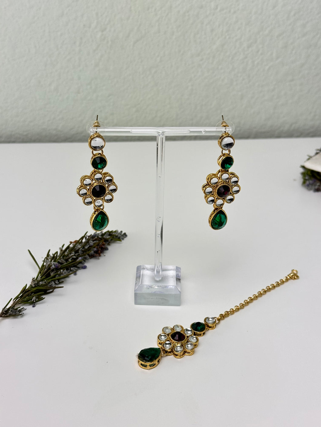 Ruby & Green Rhinestone Flower Earrings w/Tika