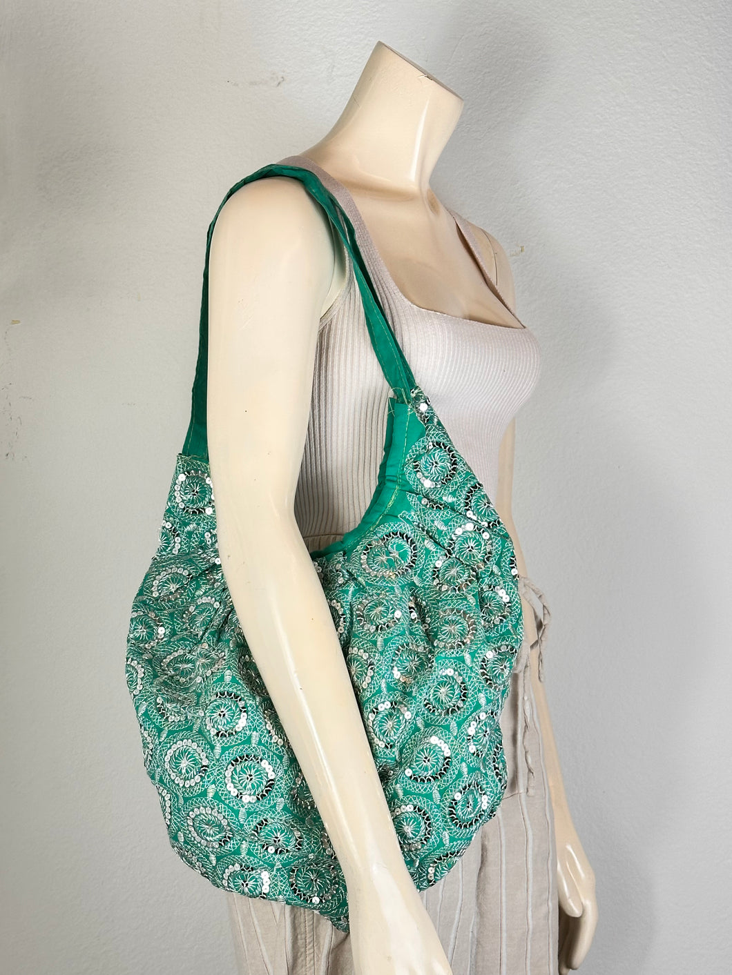 Sea Green Sequin Embroidered Hobo Bag