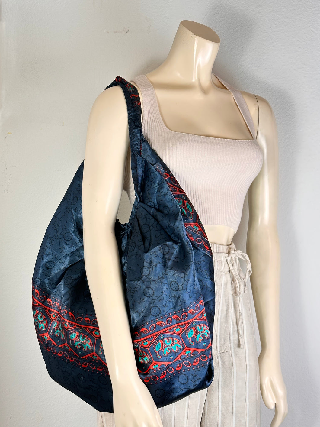 Dark Blue Silk Hobo Bag