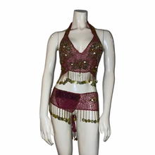 Load image into Gallery viewer, Magenta Sequins and Beaded Belly Dance Set
