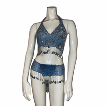 Load image into Gallery viewer, Ocean Blue Sequins and Beaded Belly Dance Set
