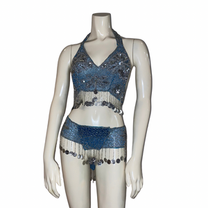 Ocean Blue Sequins and Beaded Belly Dance Set